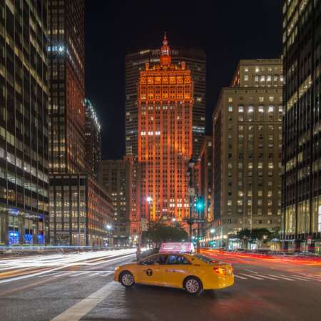 Click to view a popup image of Helmsley building exterior at night